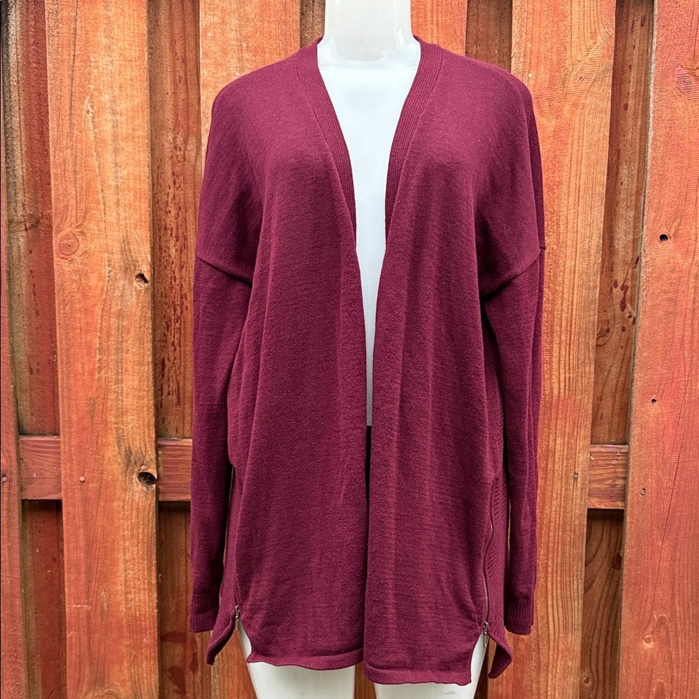 Worthington Burgundy Maroon Open Front Side Zip Cardigan Sweater Large L